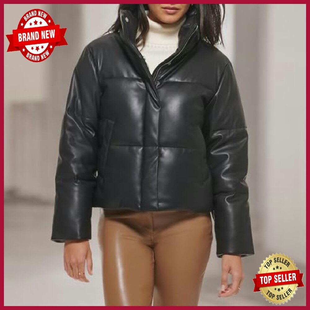 Quilted Vegan Leather Puffer Jacket Cropped Water-Resistant Women's Size - Picture 8 of 8